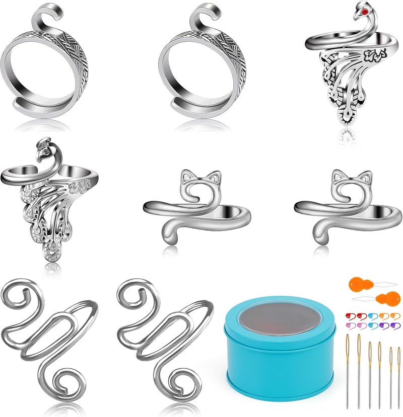 FOUSNOW 8 Pcs Crochet Ring, Adjustable Crochet Ring for Finger, Tension Rings Cat Yarn Guide Yarn Knitting Thimble, Faster Knitting Crocheting Accessories for Mother Grandma - Image 1